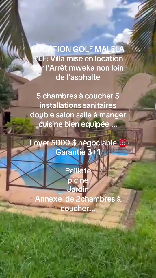 Villa de 5 chambres à louer à Golf Malela, Lubumbashi