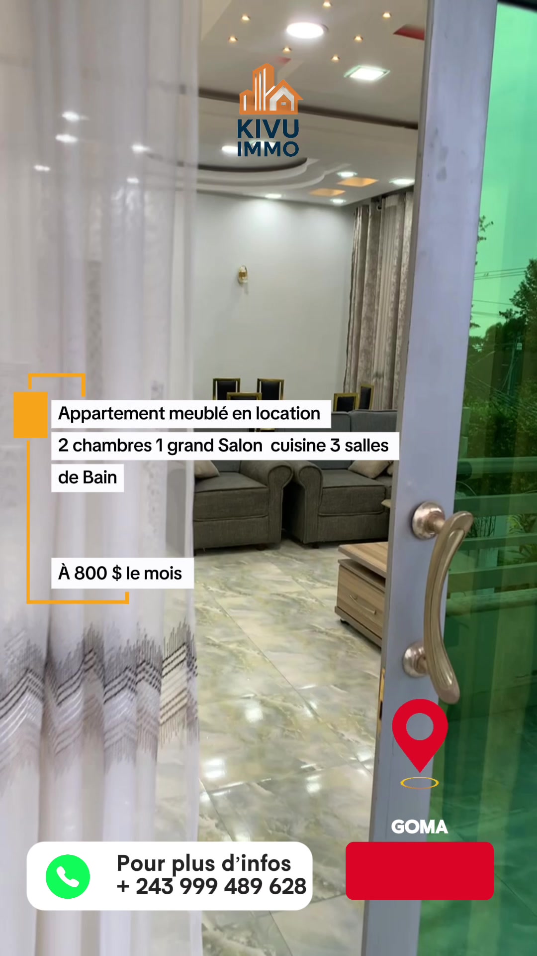 Appartement de 2 chambres à louer à Centre-ville, Goma